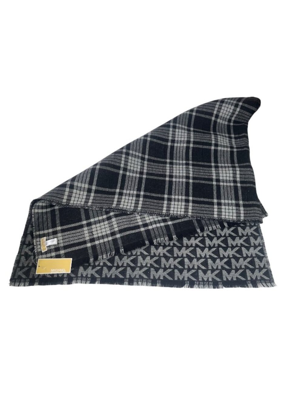Michael Kors Winter Scarf Plaid Logo Reversible Fringed OS Black Gray New